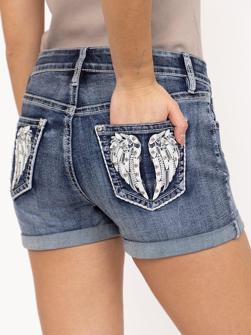 Women's Medium Dark Wash Mid Rise Wing Embellished Cuffed Shortie