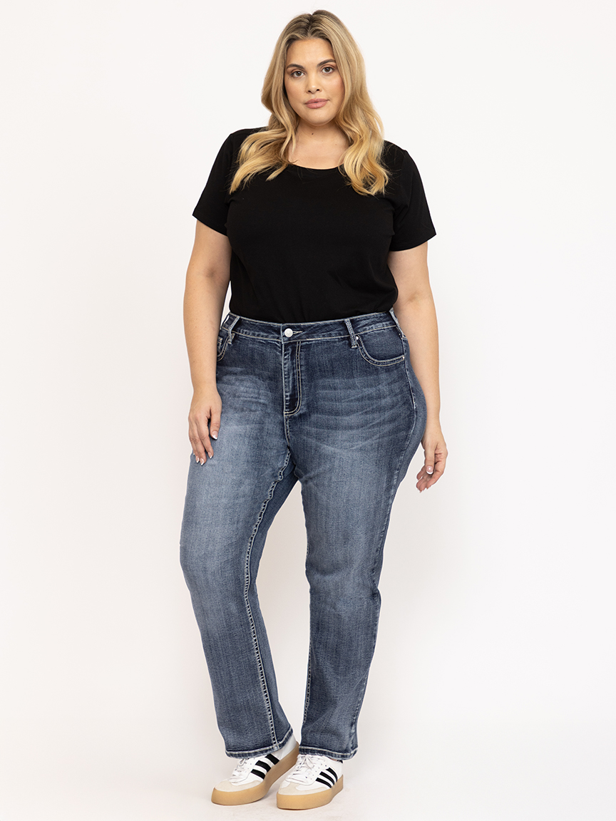 Women's Plus Medium Dark Wash Cross Embellished Straight Leg Jeans