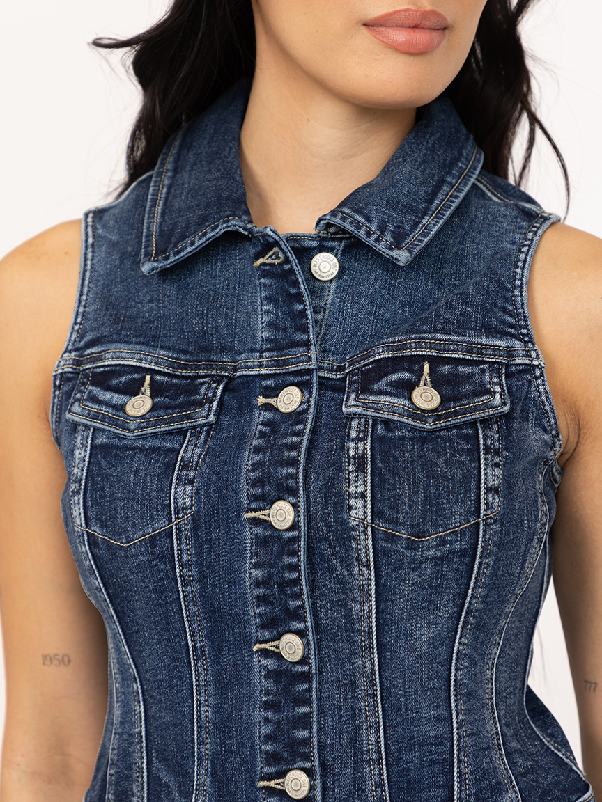 Women's Dark Wash Cropped Denim Vest With Collar