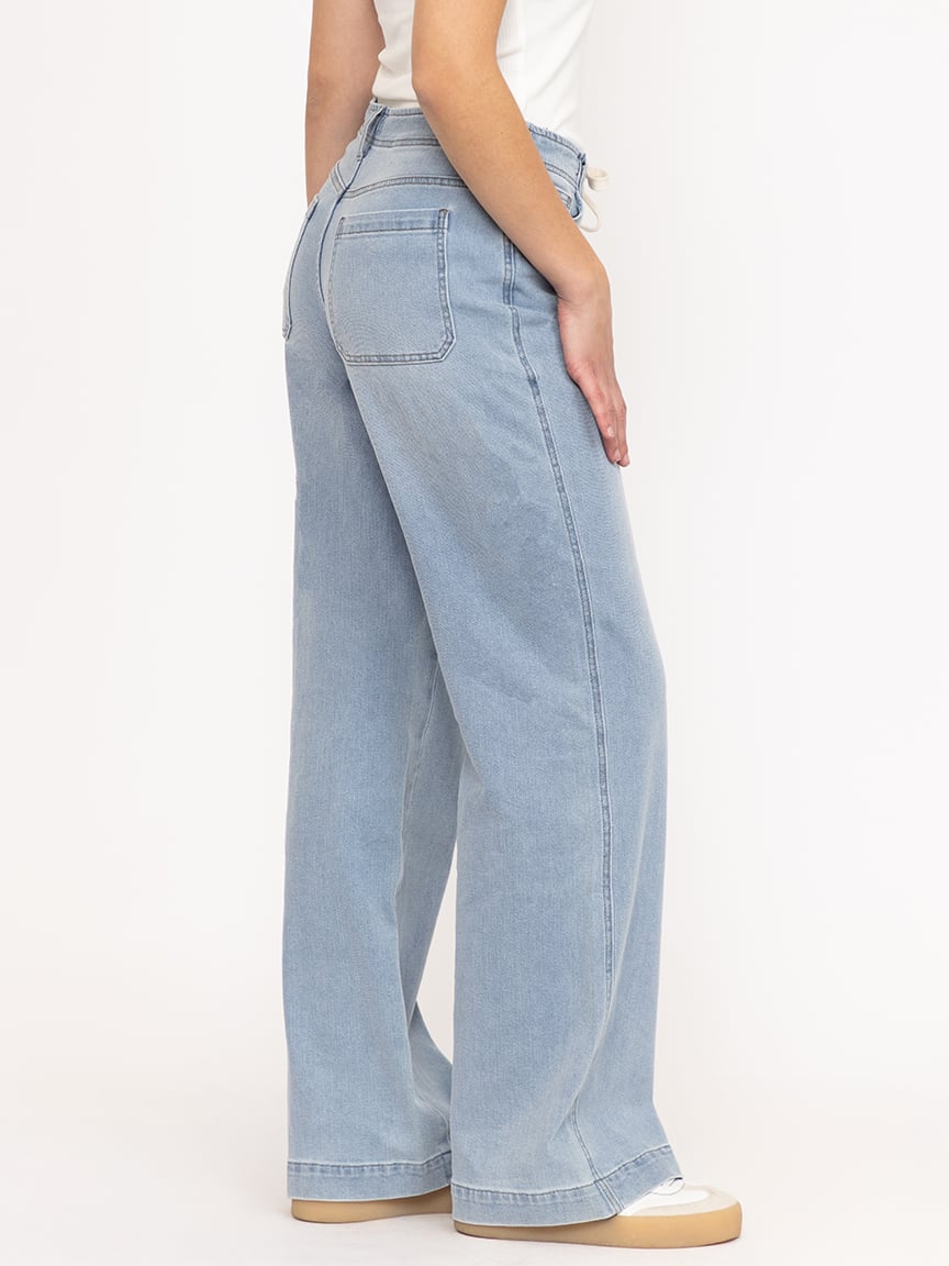 Women's High Rise Light Wash Wide Leg Jeans with a Tie Strap