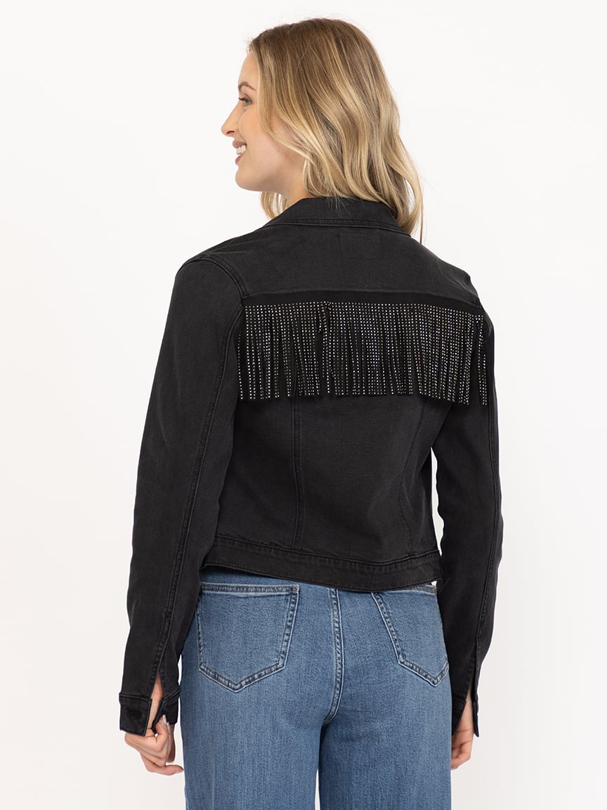 Womens Rhinestone Fringe Black Cropped Denim Jacket