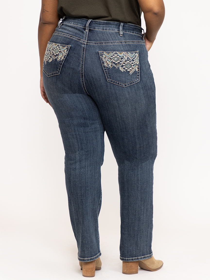 Women's Plus Medium Dark Wash Geo Embroidered Straight Jeans